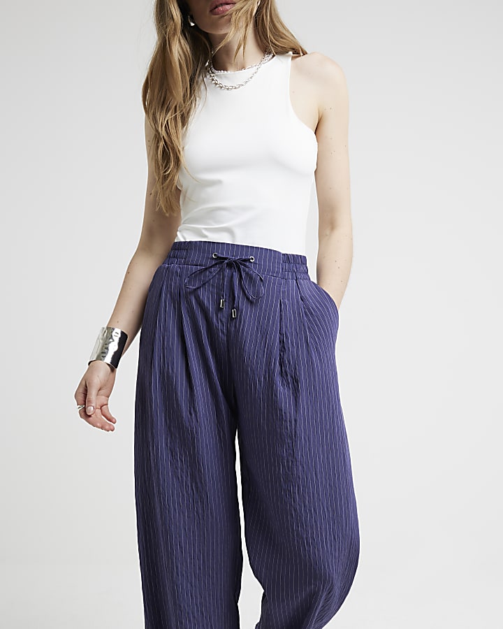 Navy Stripe Wide Leg Trousers