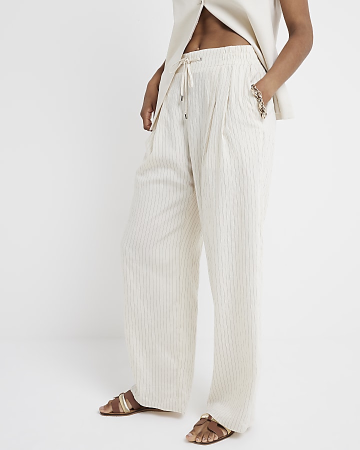 Cream wide leg stripe trousers