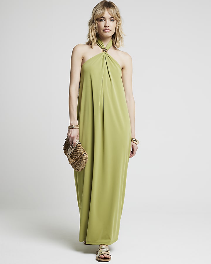 Lime green halter neck shift maxi dress