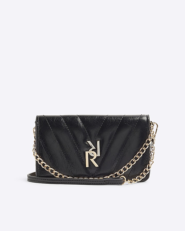 Black quilted chain strap cross body purse