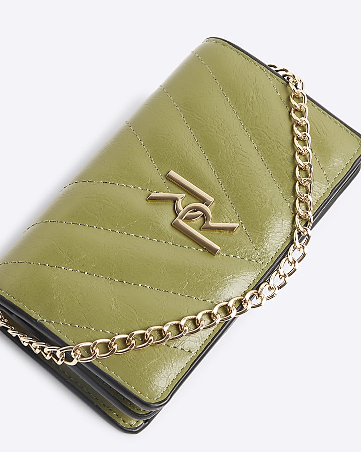 Green quilted chain strap cross body purse