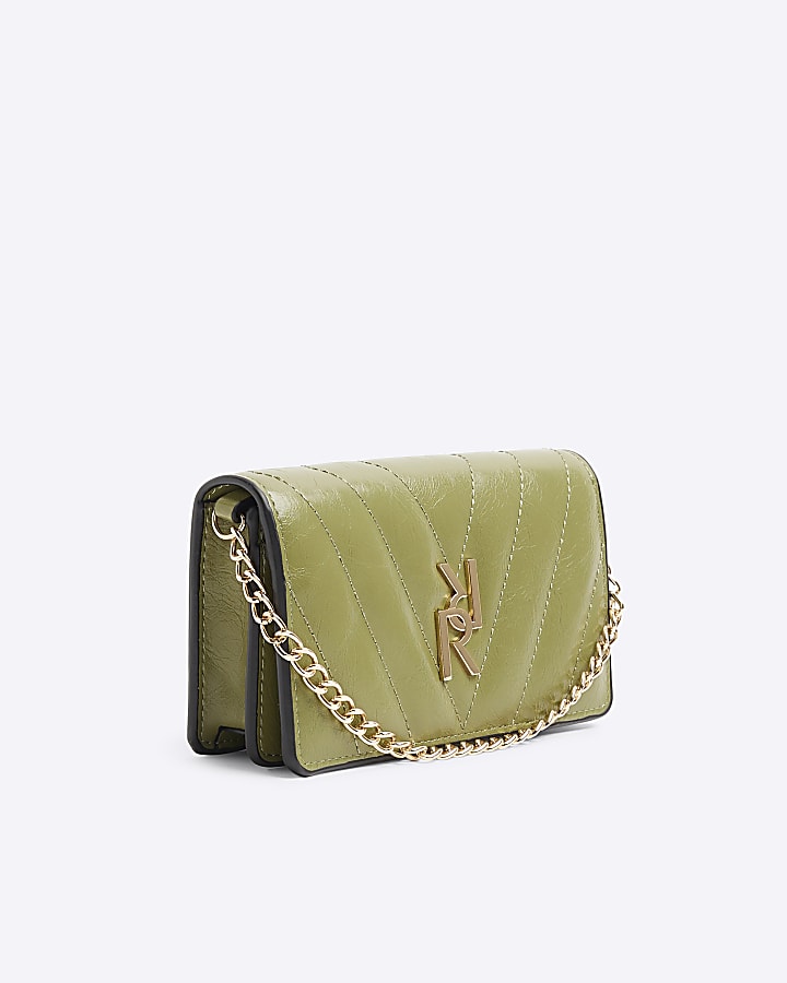 Green quilted chain strap cross body purse