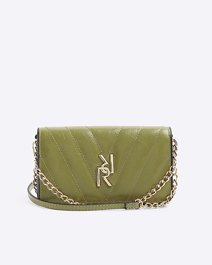 Green quilted chain strap cross body purse