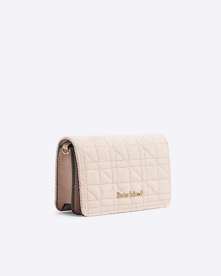 Pink faux wool quilted cross body purse
