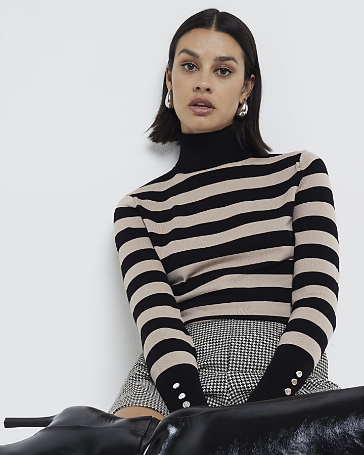 Brown Roll Neck Striped Long Sleeve Knit Top