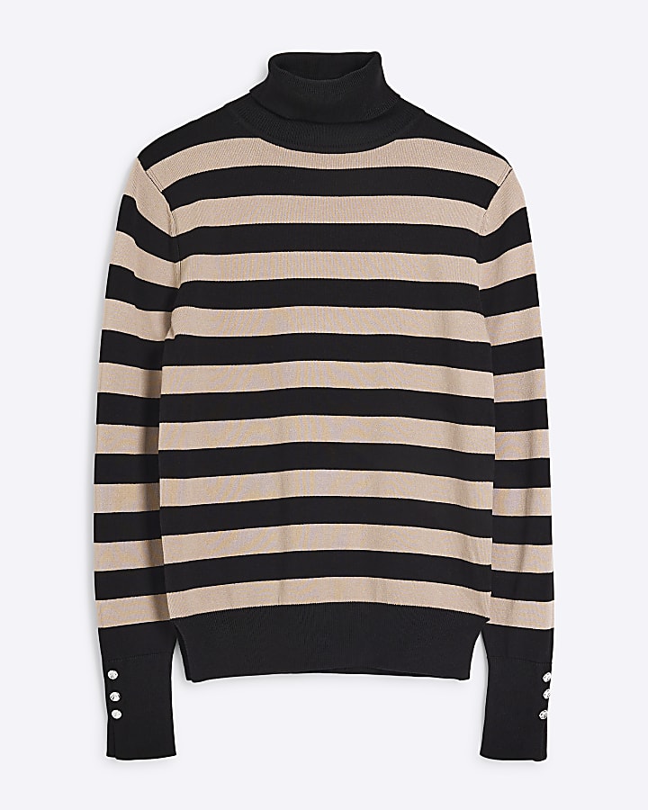 Brown Roll Neck Striped Long Sleeve Knit Top