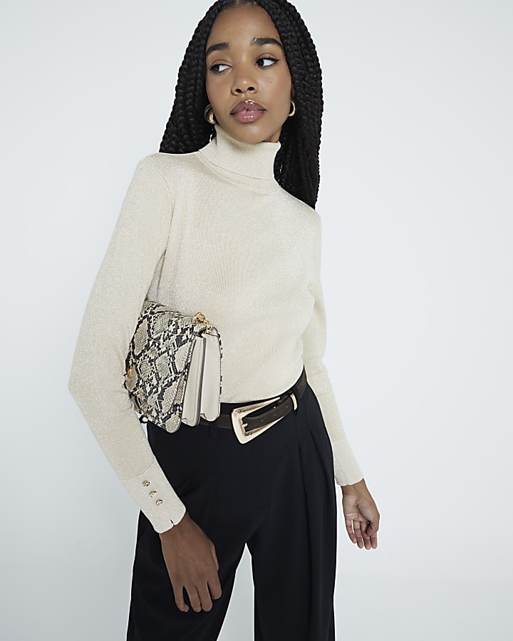 Cream Glitter Roll Neck Top