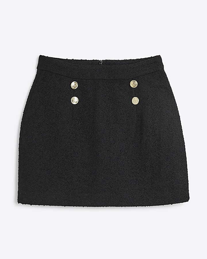 Black boucle button detail mini skirt