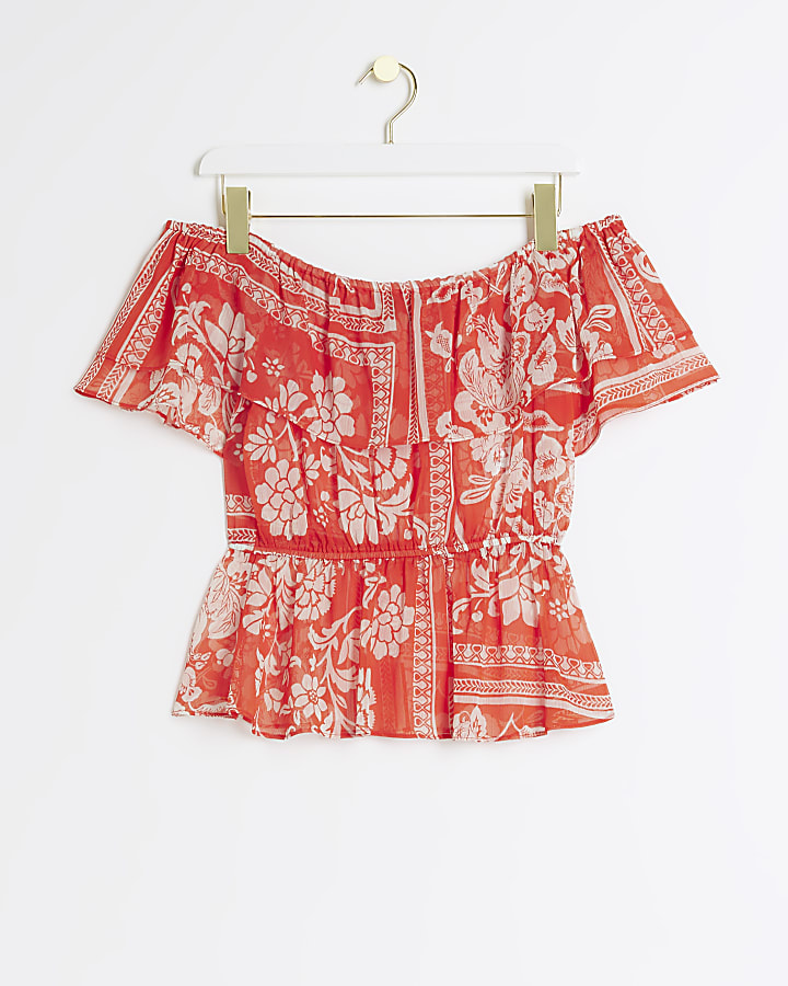 Red floral frill bardot top