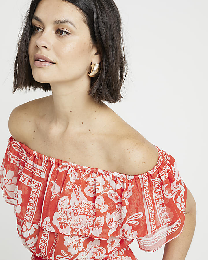 Red floral frill bardot top