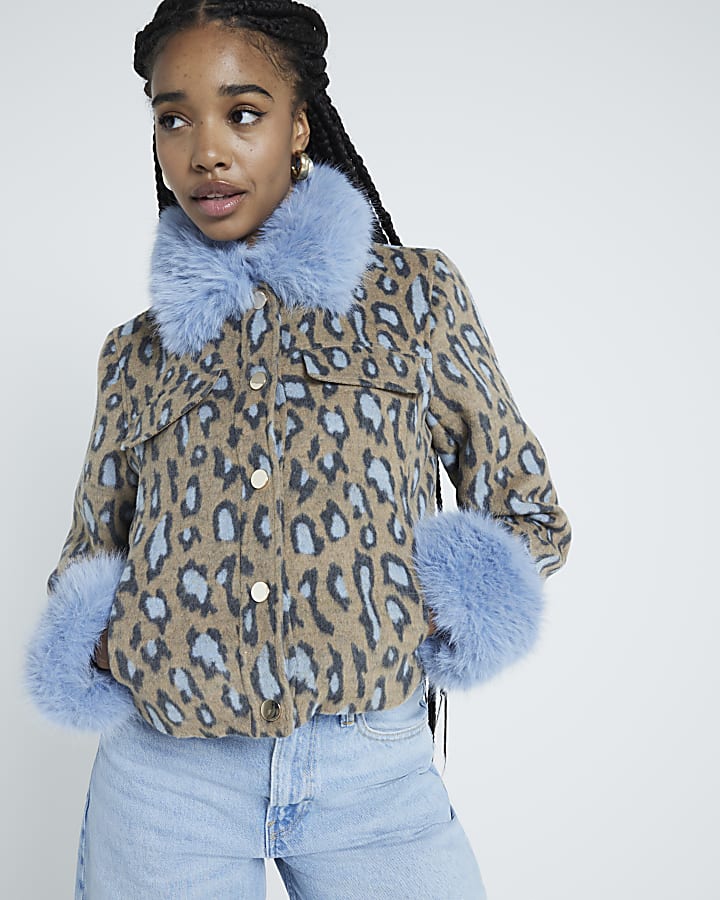 Brown Leopard Print Faux Fur Collar Jacket