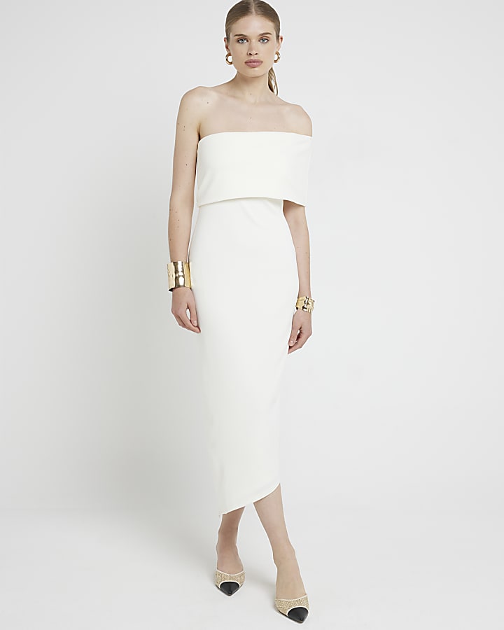 Cream asymmetric bodycon midi dress