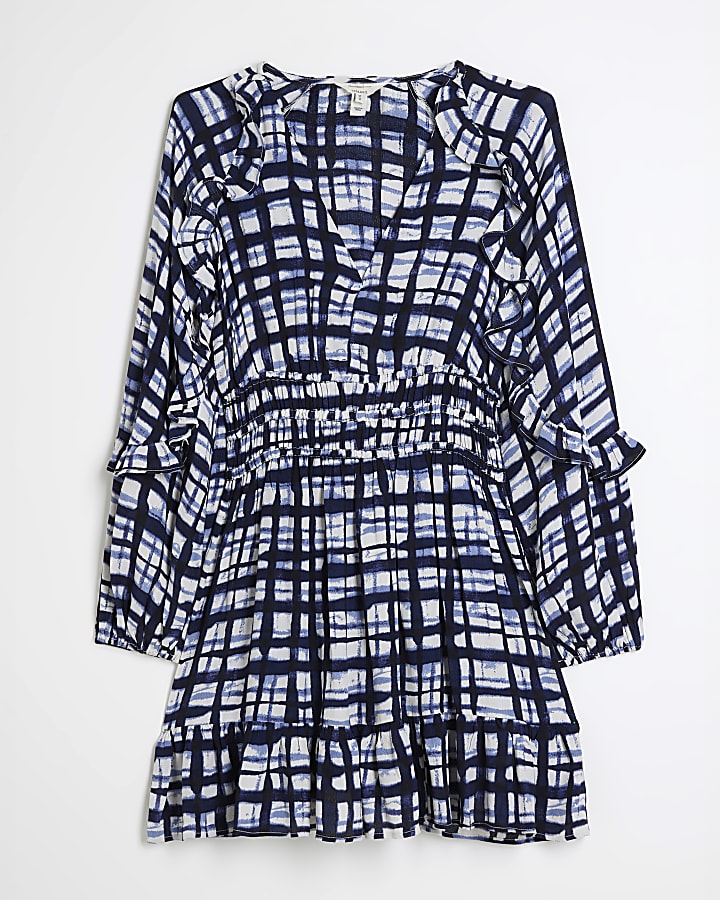 Navy check frill detail swing mini dress