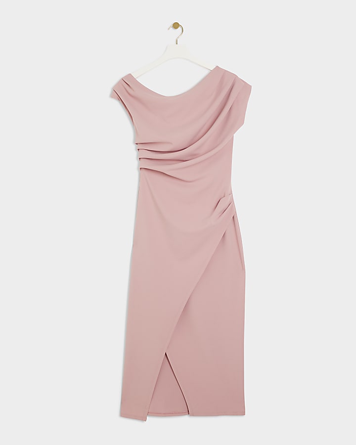 Pink  Drape Off Shoulder Bodycon Midi Dress