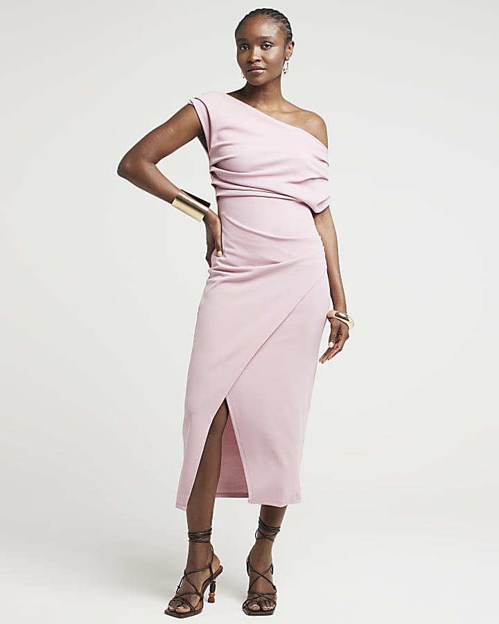 Pink  Drape Off Shoulder Bodycon Midi Dress