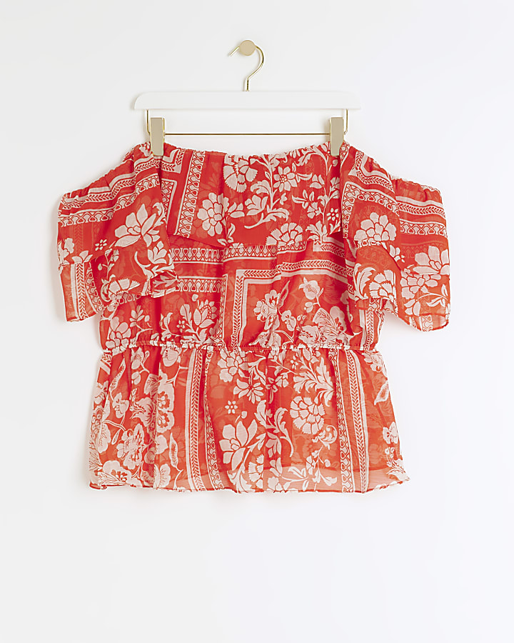 Plus Red Floral Frill Bardot Top