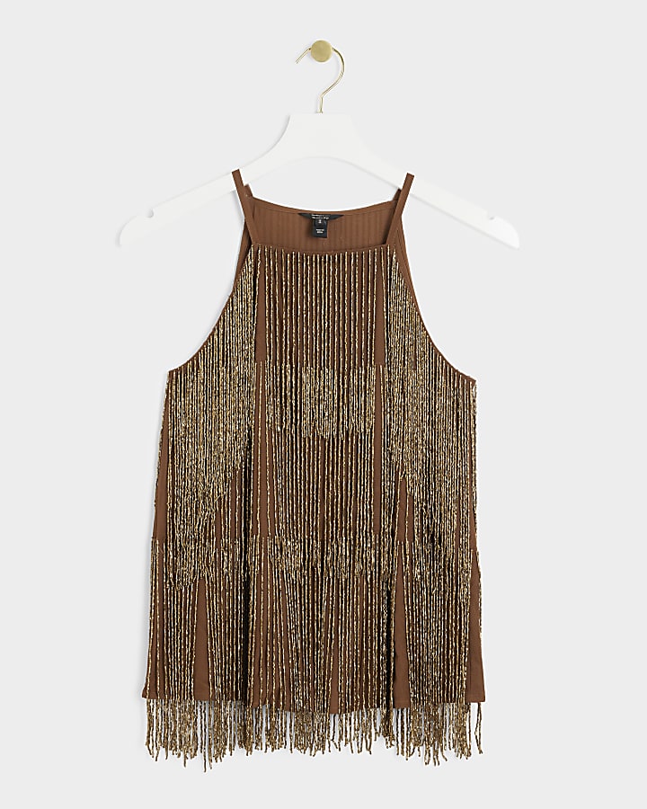 Brown Beaded Layered Cami Top