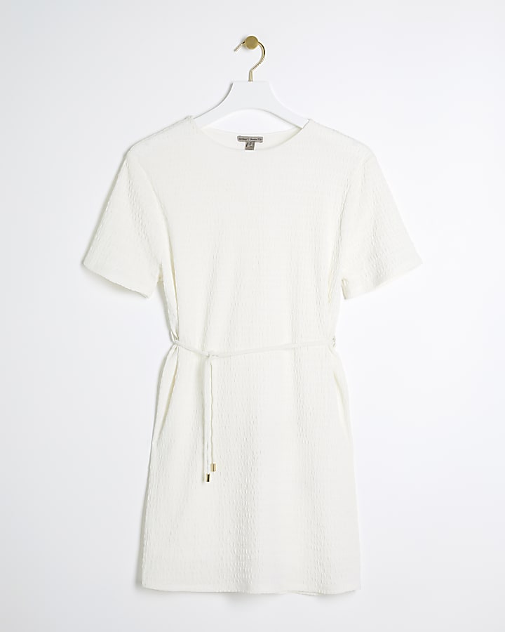 Cream textured belted t-shirt mini dress