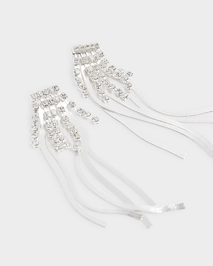 Silver diamante fringe drop earrings