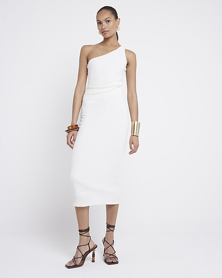 Cream textured asymmetric bodycon midi dress