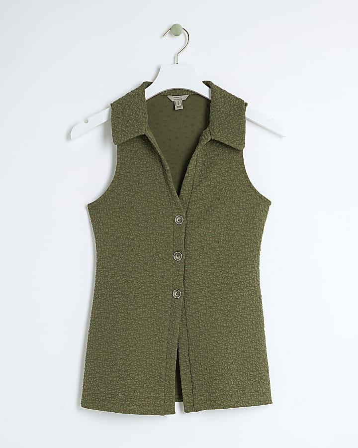 Khaki Textured Sleeveless Shirt