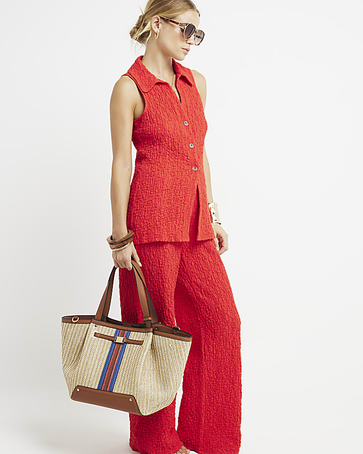 Red textured wide leg trousers