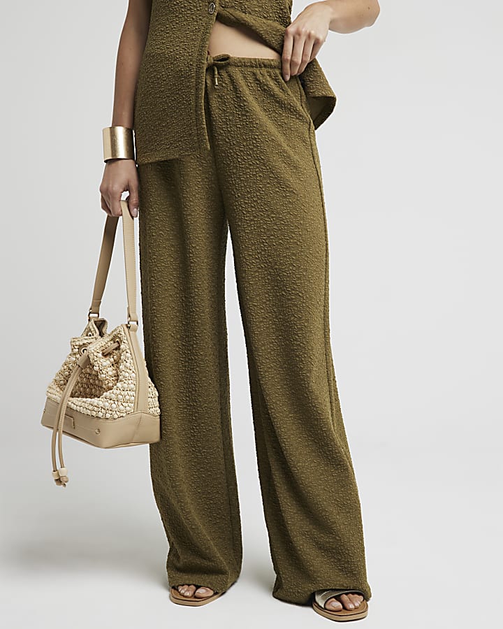 Khaki Textured Wide Leg Trousers