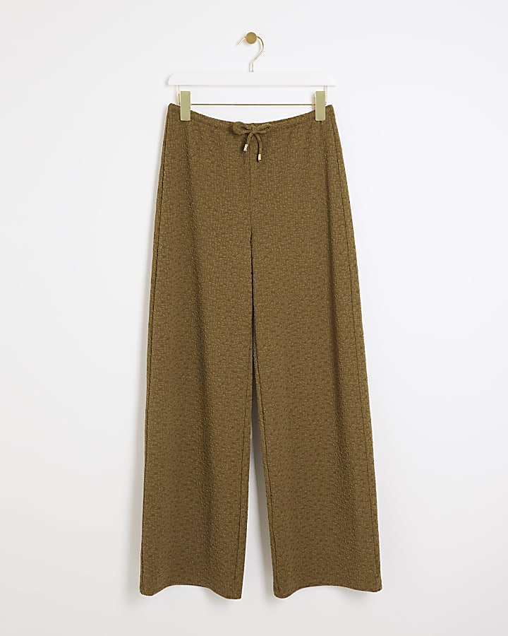 Khaki Textured Wide Leg Trousers