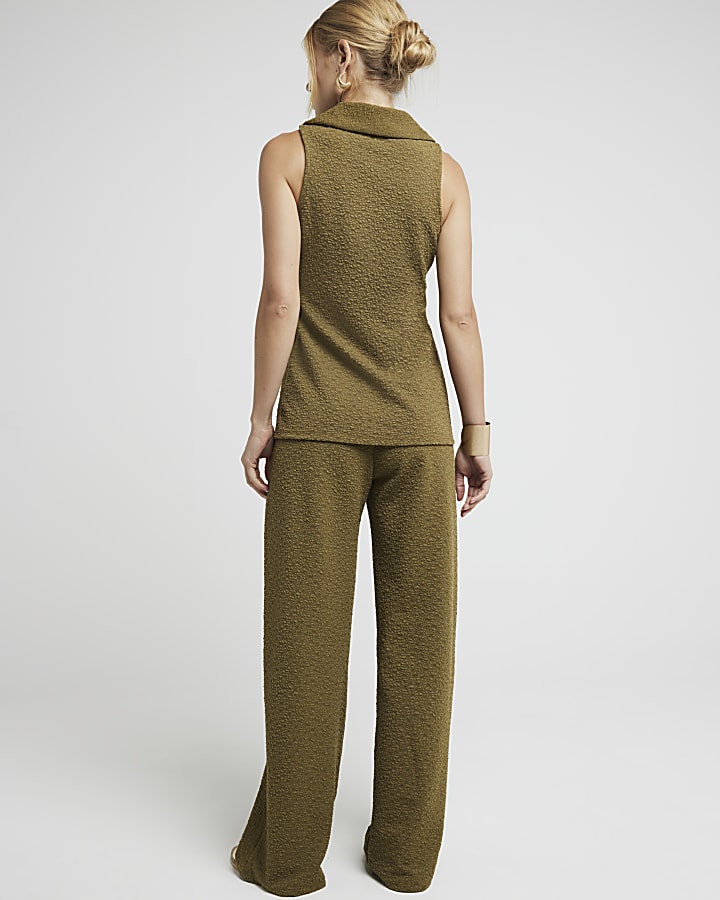 Khaki Textured Wide Leg Trousers