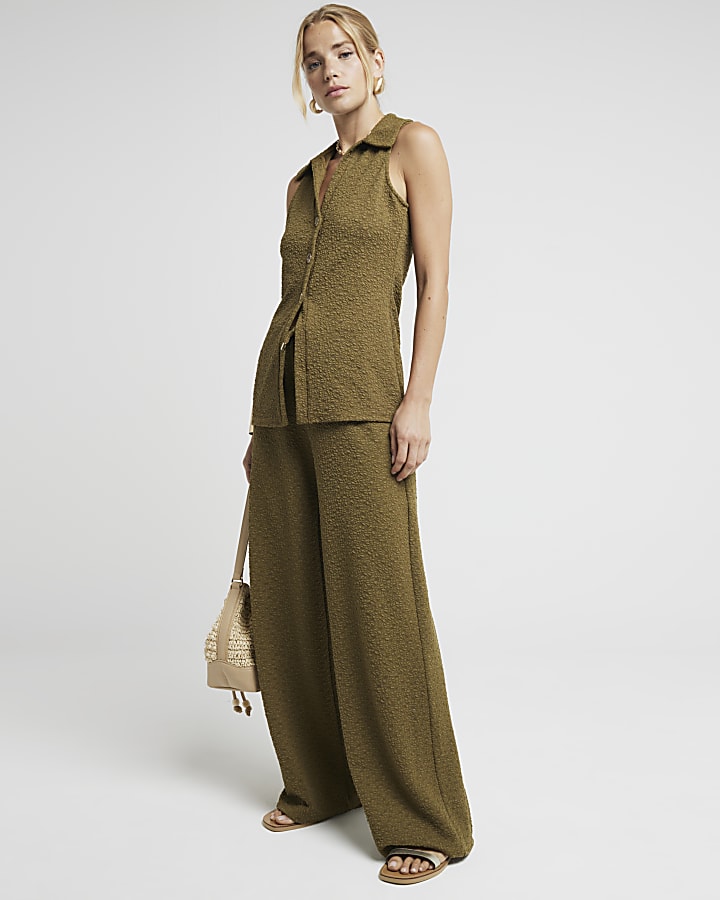 Khaki Textured Wide Leg Trousers