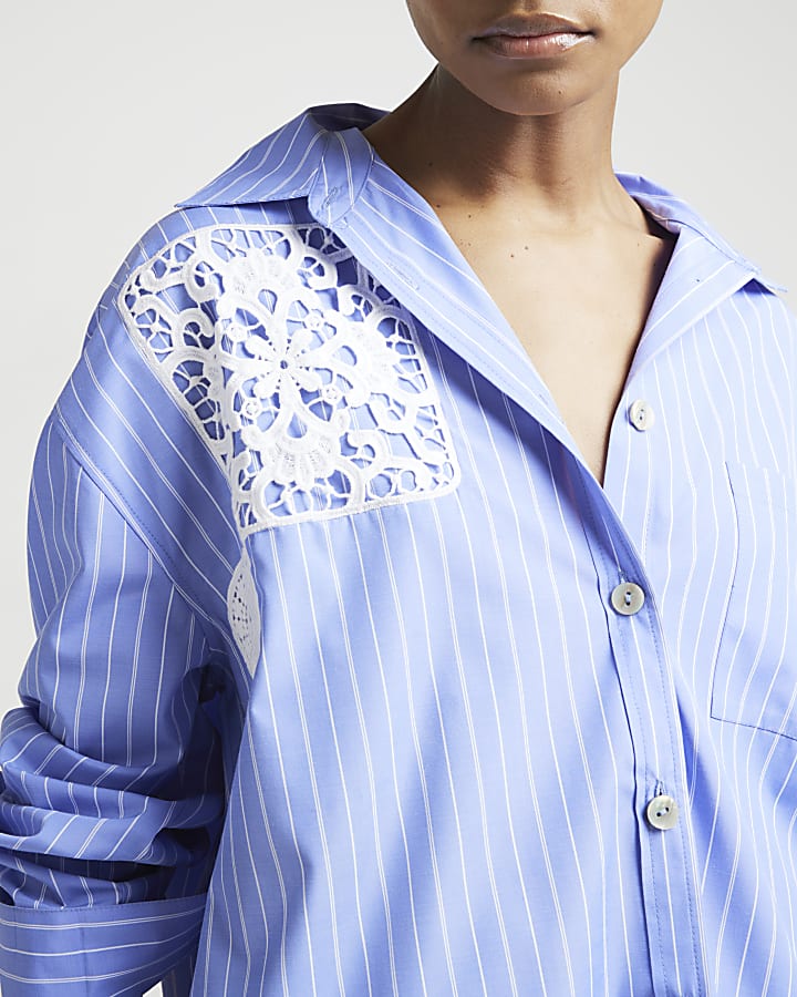 Blue crochet detail stripe shirt