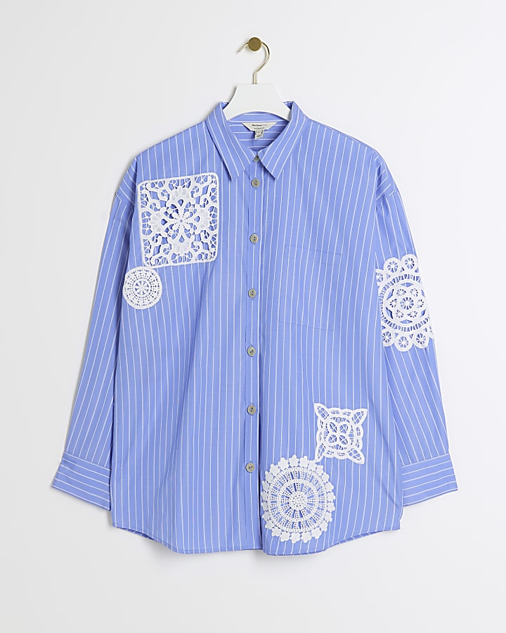 Blue crochet detail stripe shirt