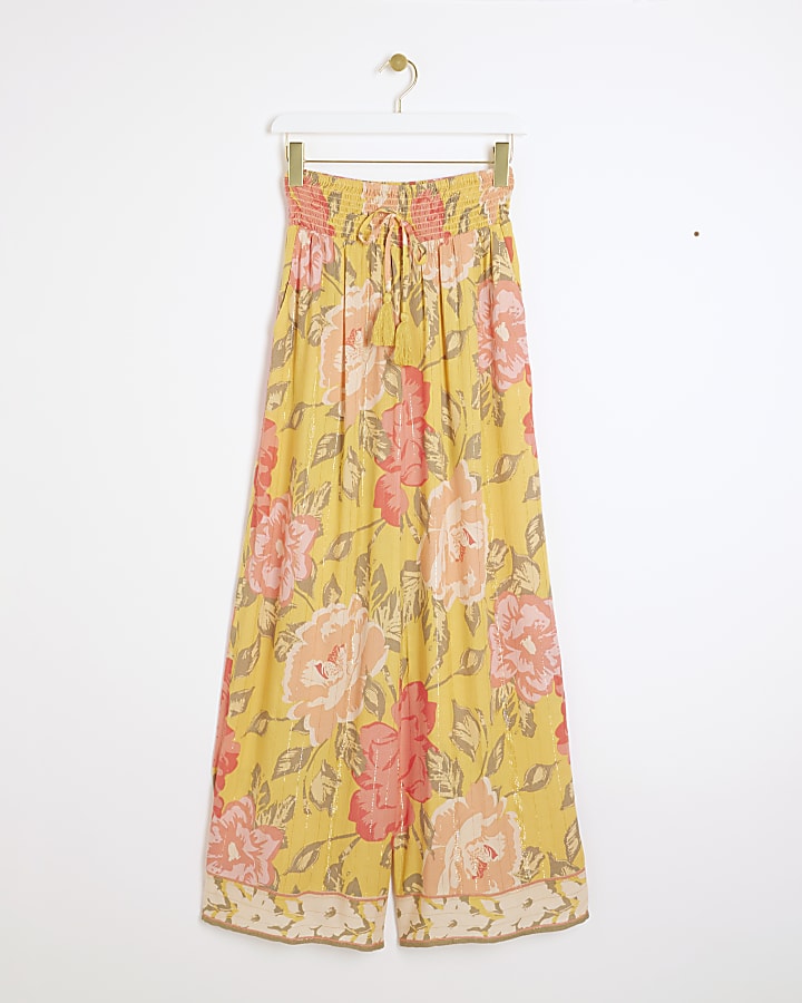 Pink floral wide leg beach trousers