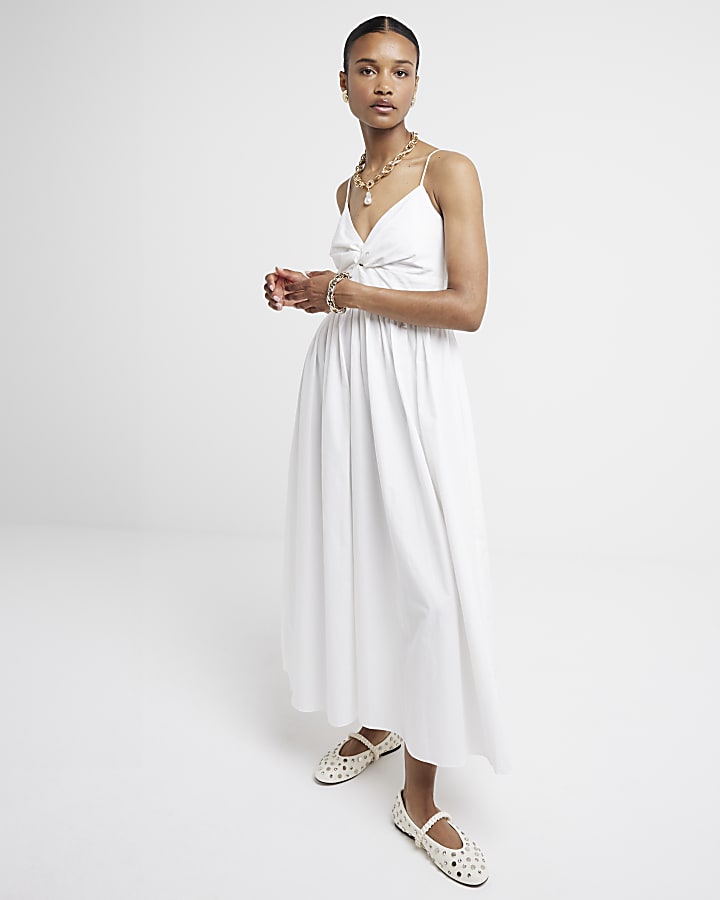 White Twist Front Skater Midi Dress River Island