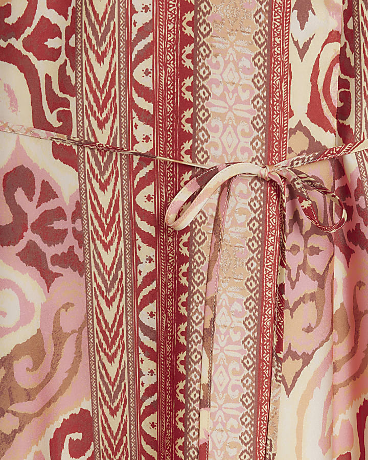 Rust abstract print belted swing maxi dress