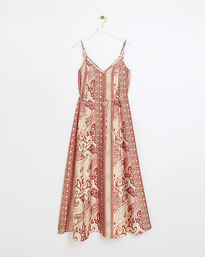 Rust abstract print belted swing maxi dress