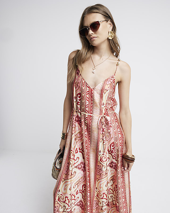 Rust abstract print belted swing maxi dress