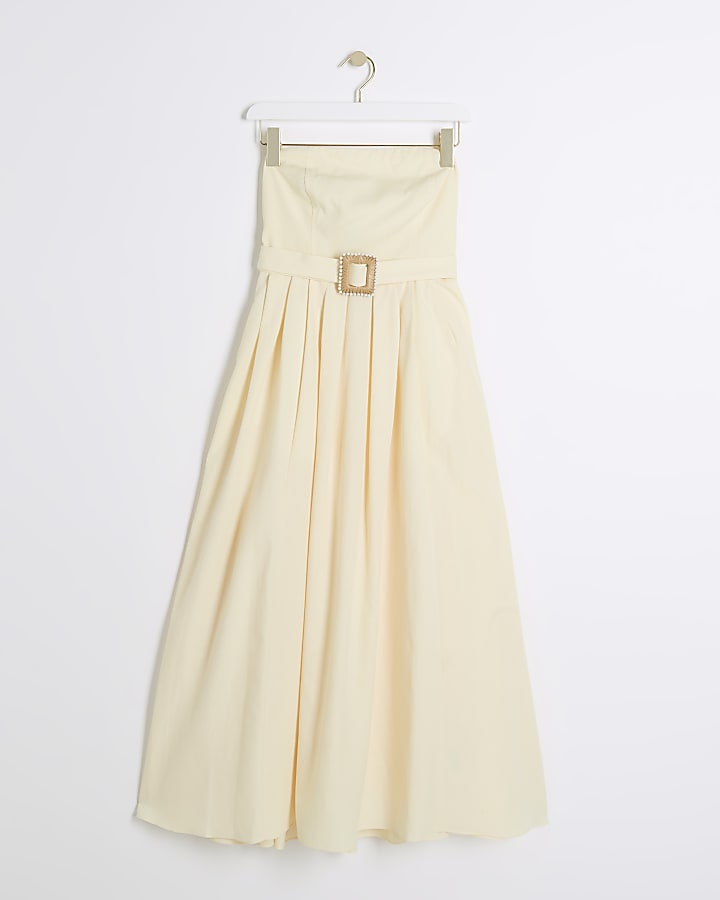 Yellow belted bandeau prom midi dress