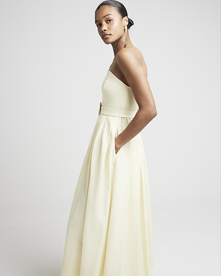 Yellow belted bandeau prom midi dress