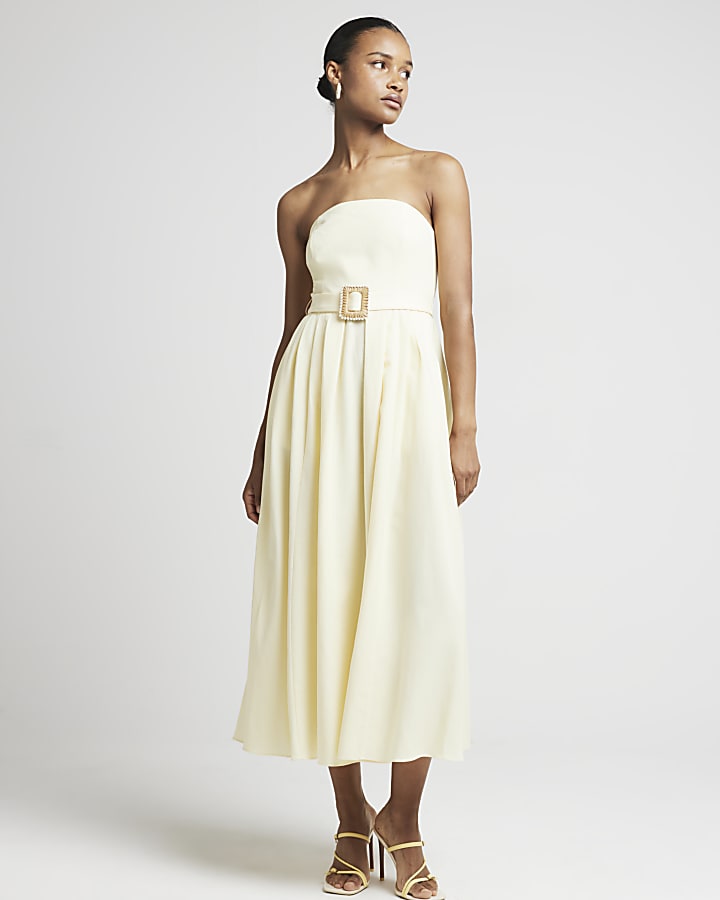 Yellow belted bandeau prom midi dress