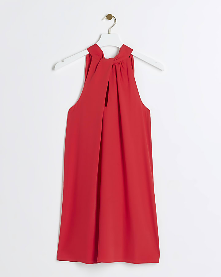 Red twist halter neck shift mini dress
