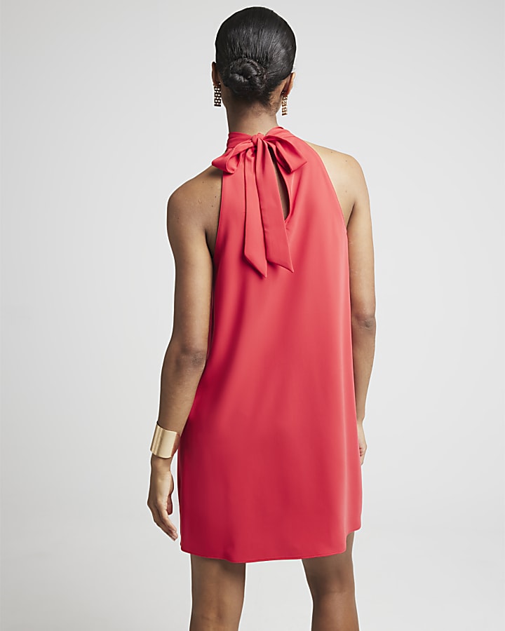 Red twist halter neck shift mini dress