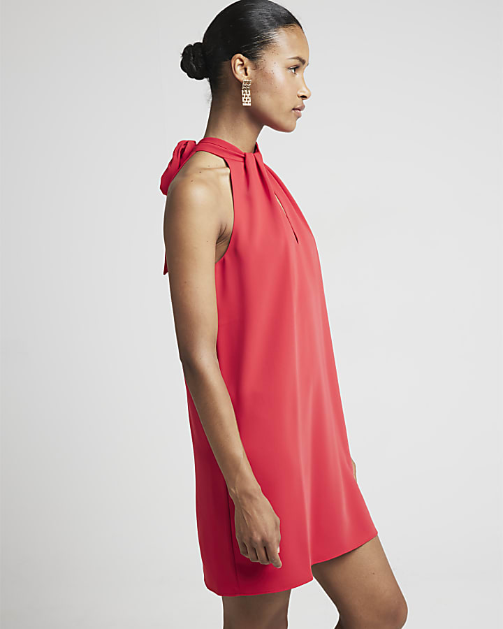 Red twist halter neck shift mini dress