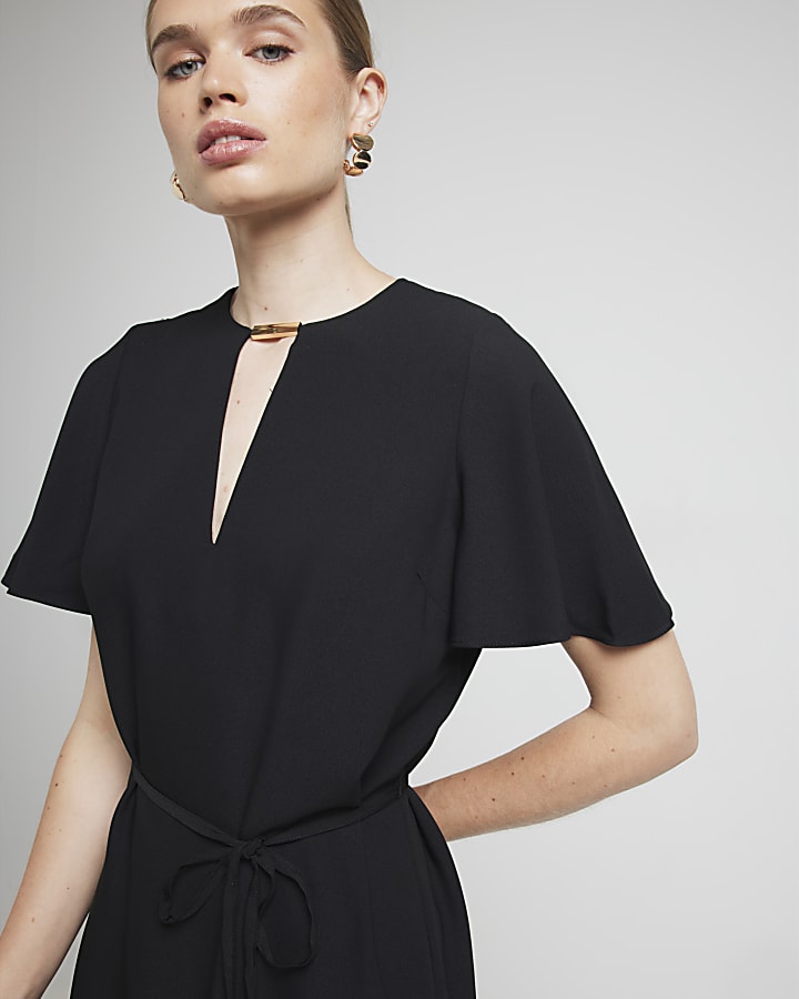 Black cut out flute sleeve shift mini dress