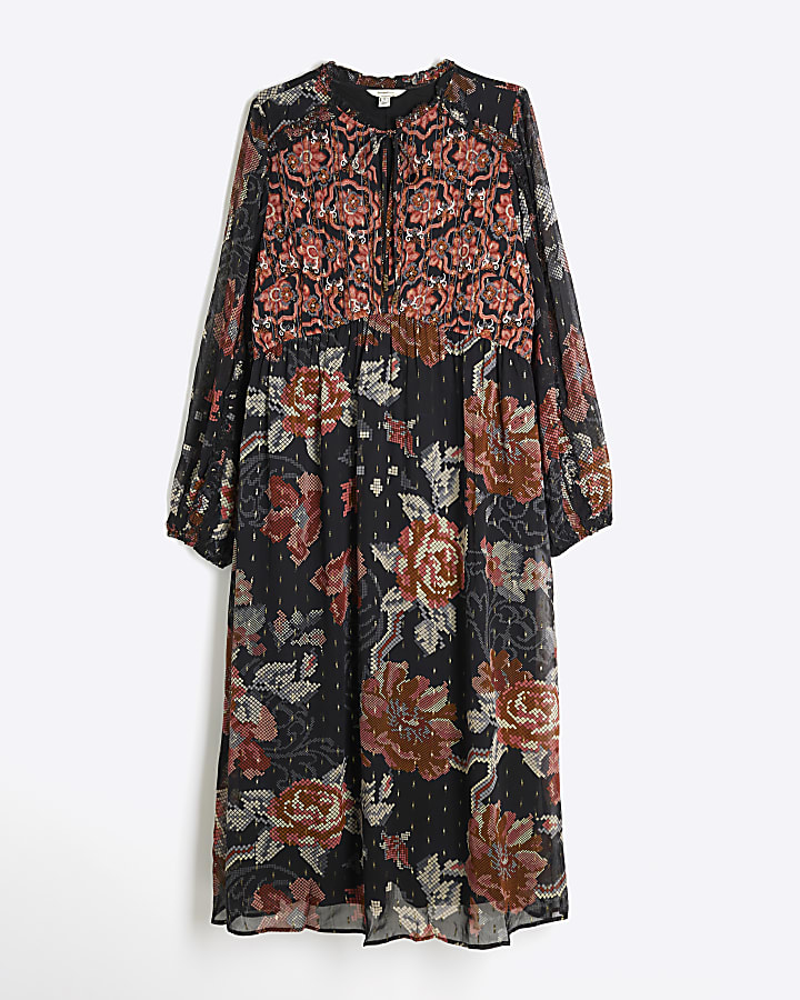 Plus Black Chiffon Floral Smock Midi Dress