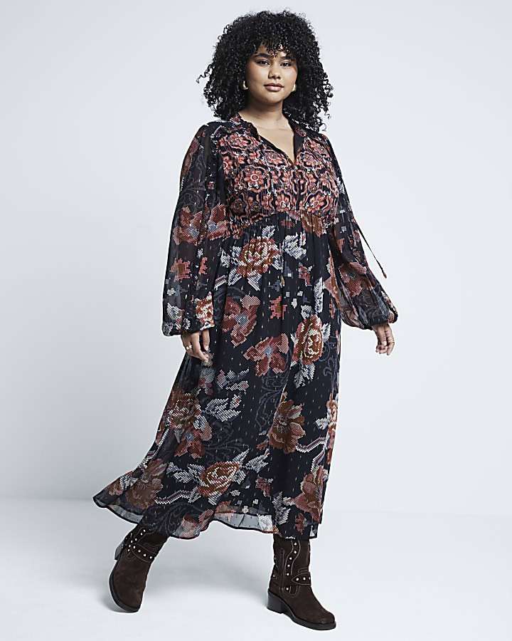 Plus Black Chiffon Floral Smock Midi Dress