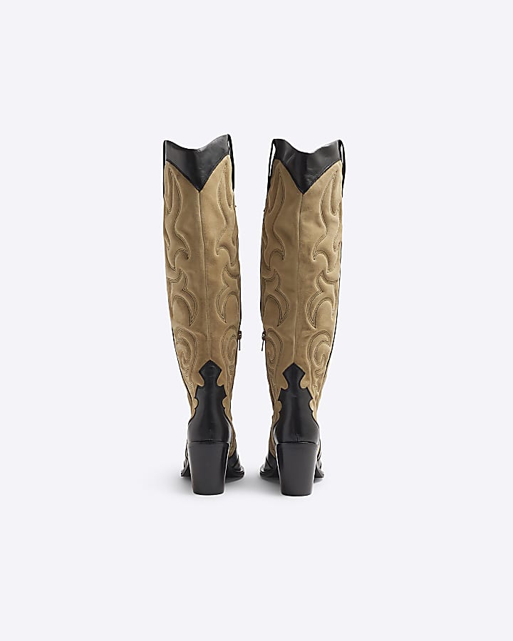 Beige Leather Padded Western High Leg Boots