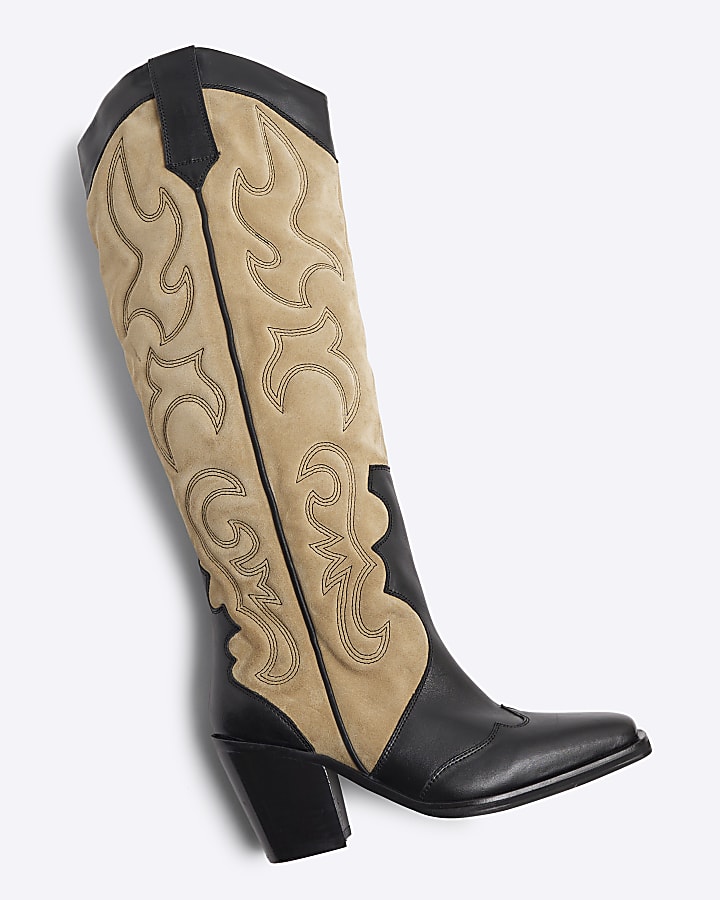 Beige Leather Padded Western High Leg Boots