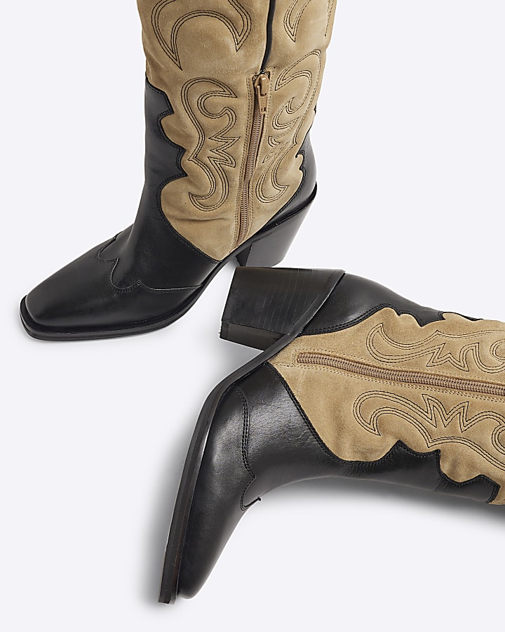 Beige Leather Padded Western High Leg Boots