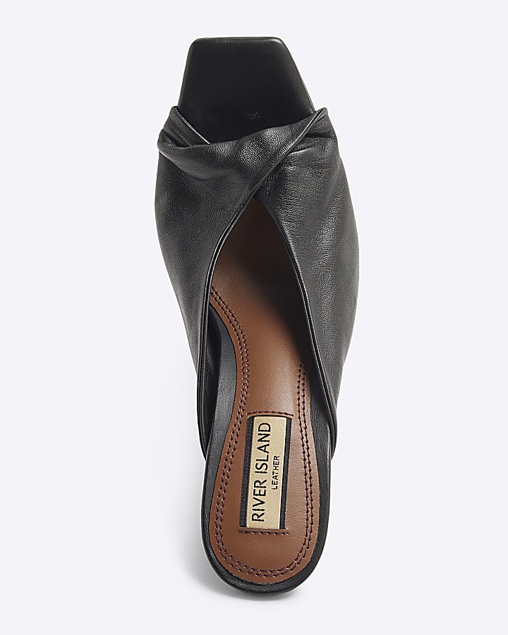 Black Leather Twist High Heeled Mules